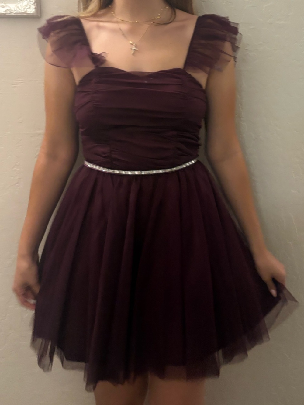 City Studio Burgundy Tulle Mini Dress with Ruffle Straps